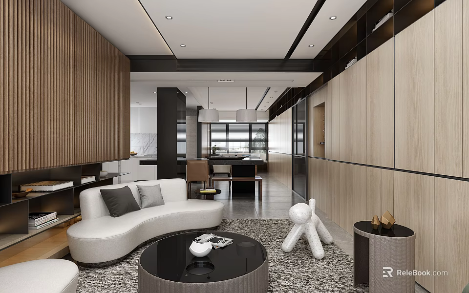 Modern Living and Dining Room Interior With White Sofa Round Coffee Table And Wooden Panels 3d model 