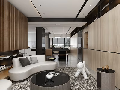 Modern Living and Dining Room Interior With White Sofa Round Coffee Table And Wooden Panels 3d model
