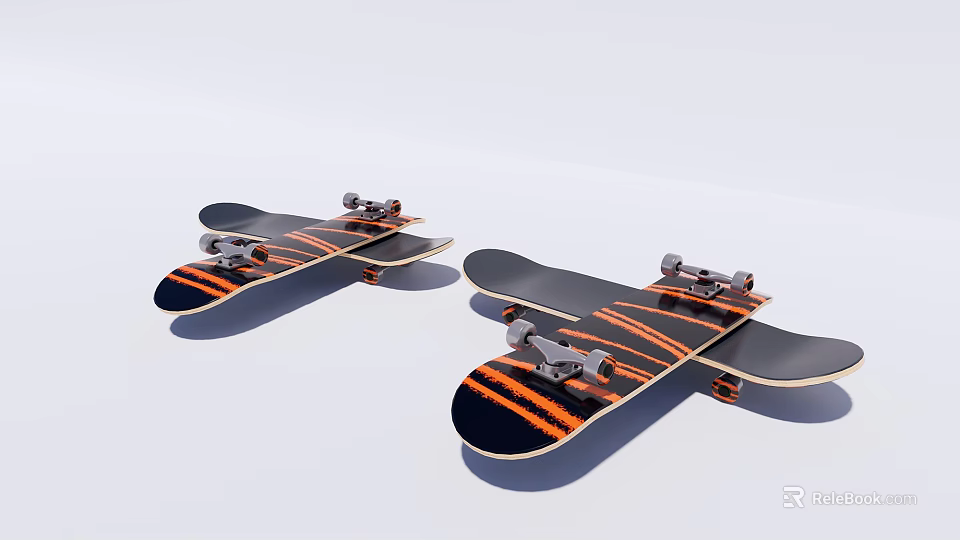 Two Skateboards Featuring Black Orange Stripes Metal Trucks And Wheels 3d model 