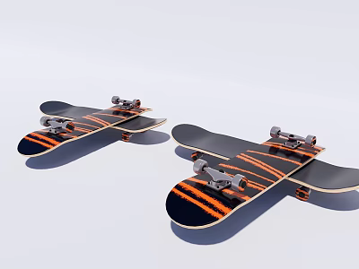 Two Skateboards Featuring Black Orange Stripes Metal Trucks And Wheels 3d model