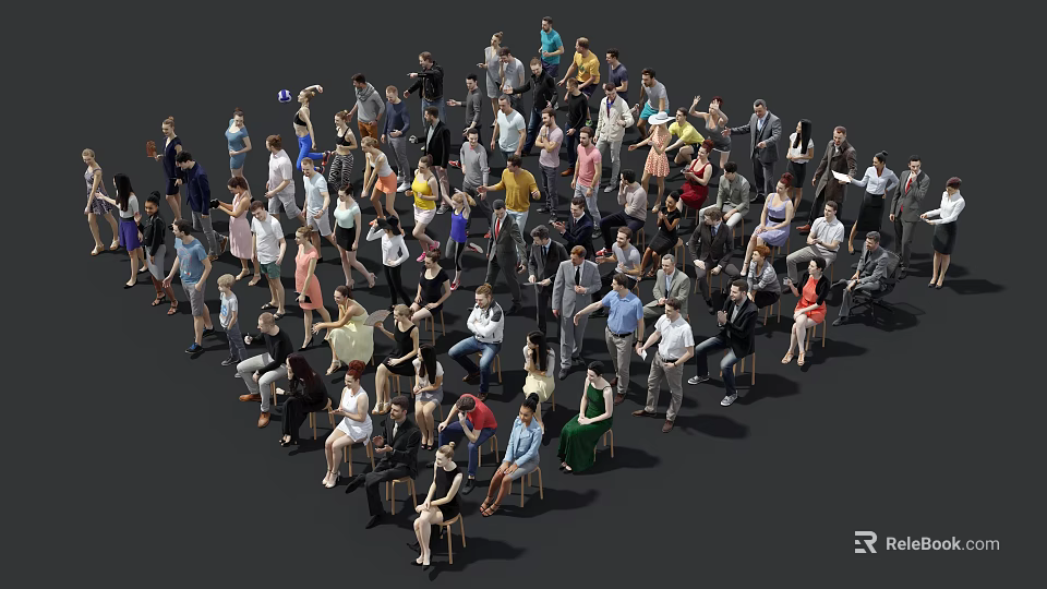 Group of People in Crowd Scene with Various Standing and Sitting Poses 3d model 