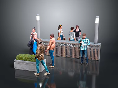 Group Of People Gathered Around Outdoor Bowling Alley Entrance With Signage And Lighting Posts 3d model