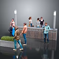 Group Of People Gathered Around Outdoor Bowling Alley Entrance With Signage And Lighting Posts