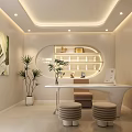 Modern Office Interior Featuring Round Display Shelf Wall Painting Green Plant White Desk Round Stools