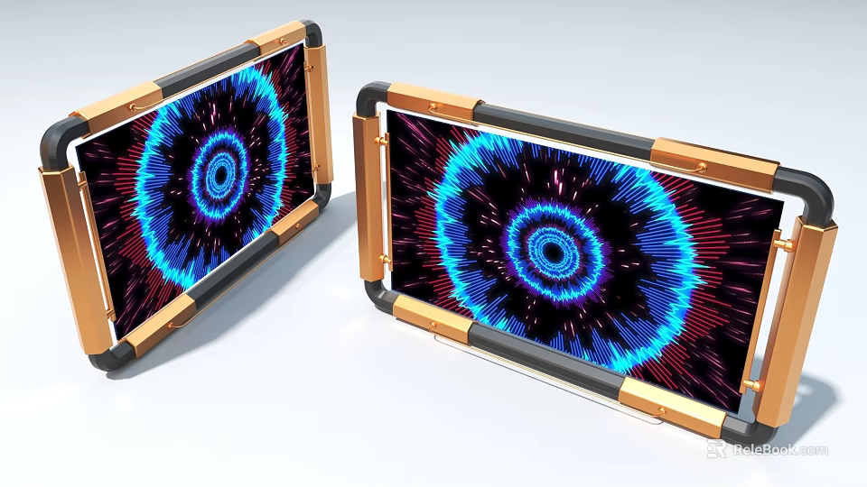 Modern Industrial Equipment With Dual Display Screens And Golden Black Frames Showing Luminous Patterns 3d model 