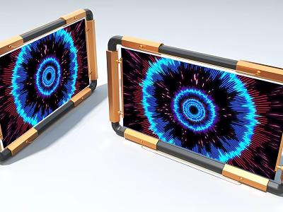 Modern Industrial Equipment With Dual Display Screens And Golden Black Frames Showing Luminous Patterns 3d model