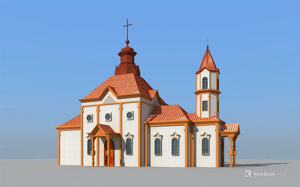 Traditional European Architecture With Red Roof White Walls Spire Tower And Cross 3d model 