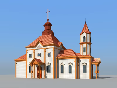 Traditional European Architecture With Red Roof White Walls Spire Tower And Cross 3d model
