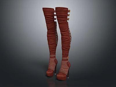 Brown Knee High Boots with Laced Design and High Heel for Fashionable Look 3d model
