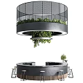 Modern Round Bar Counter Design With Hanging Green Plants And Wooden Stools