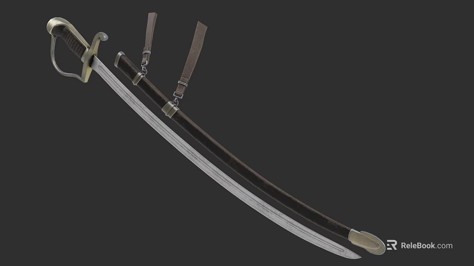 Vintage Long Metallic Sword Weapon With Leather Sheath And Straps 3d model 