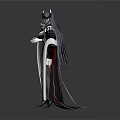 Game Movie Character With Dark Long Hair Black White Outfit And Red Cape