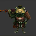 Cartoon Reptile Warrior Character in Samurai Armor Holding Weapon and Red Cloak