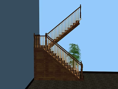 Wooden Stairs With Double Flight Design And Wooden Railing In Interior Setting With Green Plant 3d model