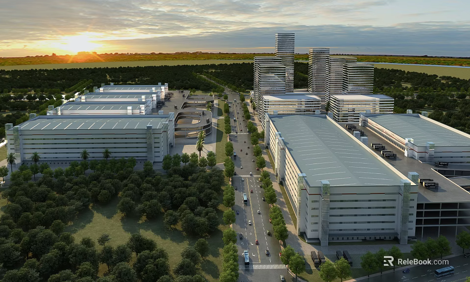 Multiple Industrial Warehouses With Green Landscaping Road Network And Sunset Sky 3d model 