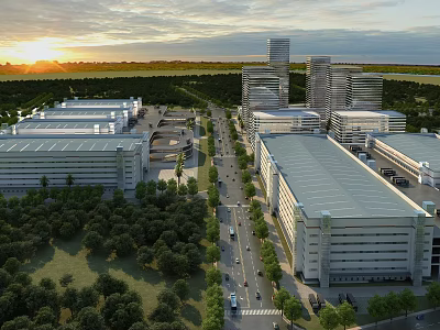 Multiple Industrial Warehouses With Green Landscaping Road Network And Sunset Sky 3d model