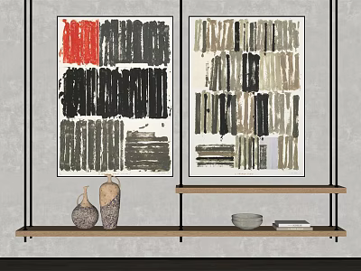 Modern Abstract Paintings With Brushstroke Designs And Wooden Shelf With Vases Bowl And Books 3d model