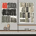 Modern Abstract Paintings With Brushstroke Designs And Wooden Shelf With Vases Bowl And Books