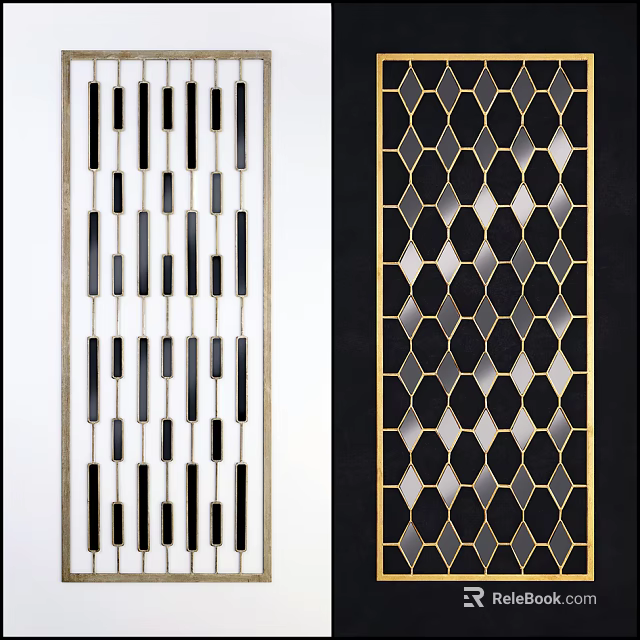 Modern Room Divider With Vertical Stripes And Hexagonal Pattern In Black White Gold 3d model 