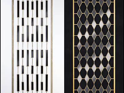 Modern Room Divider With Vertical Stripes And Hexagonal Pattern In Black White Gold 3d model