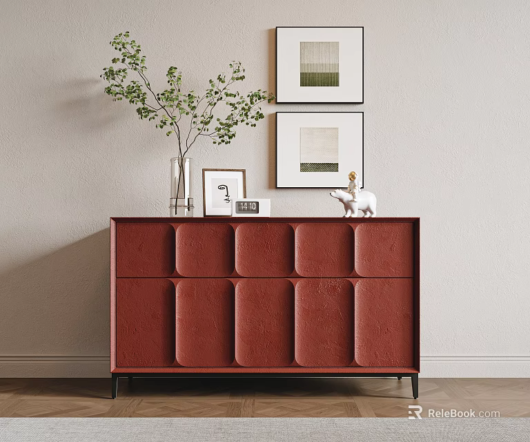 Red Textured Entryway Cabinet Sideboard With Green Plant Picture Frames On Light Wall 3d model 