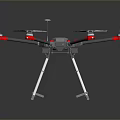 Multi Rotor Drone With Gray Body Red Propellers And Landing Gear On Dark Background