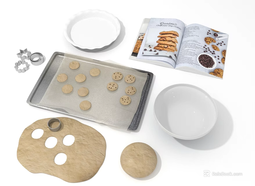 Baking Preparation With Cookie Dough Tray Cutters Open Recipe Book Bowl And Plate 3d model 