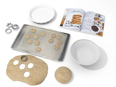 Baking Preparation With Cookie Dough Tray Cutters Open Recipe Book Bowl And Plate 3d model