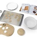 Baking Preparation With Cookie Dough Tray Cutters Open Recipe Book Bowl And Plate