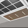 Modern Interior Ceiling Design with Black Grilles Wooden Strips and Panel Patterns 3d model