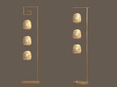 Two Golden Vertical Stands Each Holding Three Woven Lanterns For Home Decor 3d model