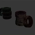 Stacked And Single Old Rubber Tires With Worn Surfaces On Gray Background