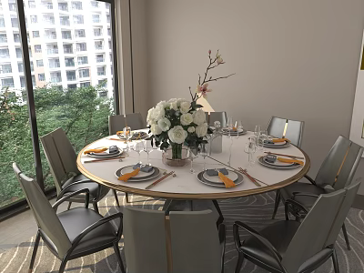 Modern Round Dining Table With White Flower Centerpiece Gray Chairs And Table Setting By Window 3d model