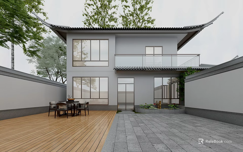 Chinese Style Two Story Detached Villa With Large Windows Wooden Terrace And Stone Courtyard 3d model 