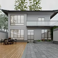 Chinese Style Two Story Detached Villa With Large Windows Wooden Terrace And Stone Courtyard