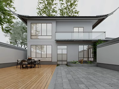 Chinese Style Two Story Detached Villa With Large Windows Wooden Terrace And Stone Courtyard 3d model