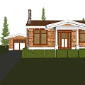 Single Story Wooden House With Orange Roof Stone Chimney Green Lawn And Pine Trees