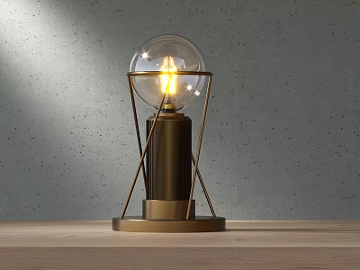 Vintage Candle Lamp With Metal Frame Brass Base On Wooden Tabletop Grey Wall Background 3d model