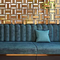 Modern Sofa Background Wall With Geometric Metal Pattern And Navy Blue Sofa 3d model
