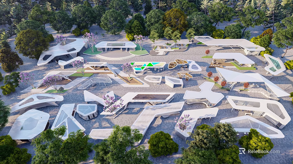 Modern Outdoor Pergola Structures With Greenery Trees And Seating Areas 3d model