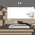 Modern Bedroom Interior Design With Wooden Bed Bookshelves Pendant Light And Green Plant