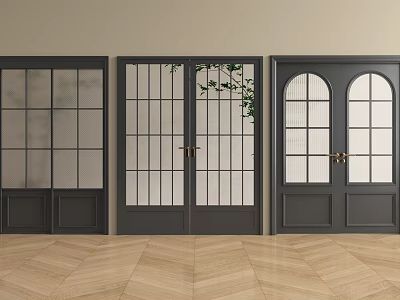 Dark Gray Double Doors With Glass Panels And Arch Design In Modern Interior 3d model