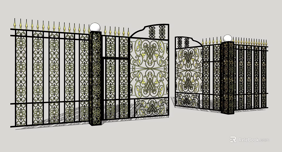 Elegant Wrought Iron Garden Gates With Intricate Patterns And Gold Accents 3d model 