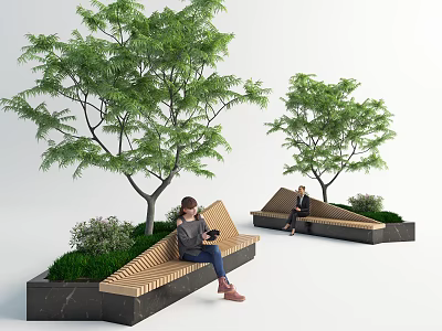 Modern Wooden Outdoor Chair with Trees Green Plants and Grass for Relaxing and Sitting 3d model