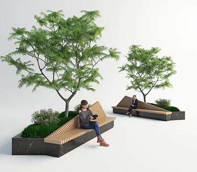 Modern Wooden Outdoor Chair with Trees Green Plants and Grass for Relaxing and Sitting 3d model