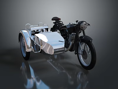 Vintage Motorcycle with Silver Sidecar Black Body Headlight and Classic Seat Design 3d model