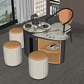 Modern Luxury Tea Table and Chairs with Marble Top White Padded Stools and Tea Set
