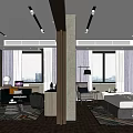Modern Hotel Room with Sitting Area King Bed Large Windows Area Rugs and Decorative Paintings
