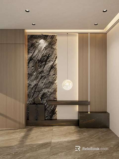 Modern Foyer Hallway With Textured Wall And Pendant Light 3d model 