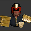 Cartoon Armored Character with Red Black Helmet Blue Clothing Golden Armor and Shield
